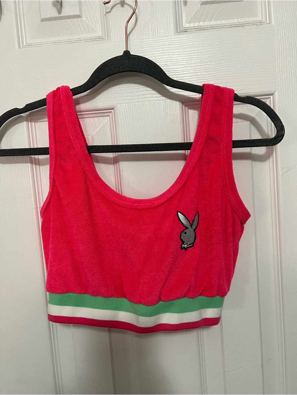 PLAYBOY Hot Pink Cropped Tank with Green-Striped Hem